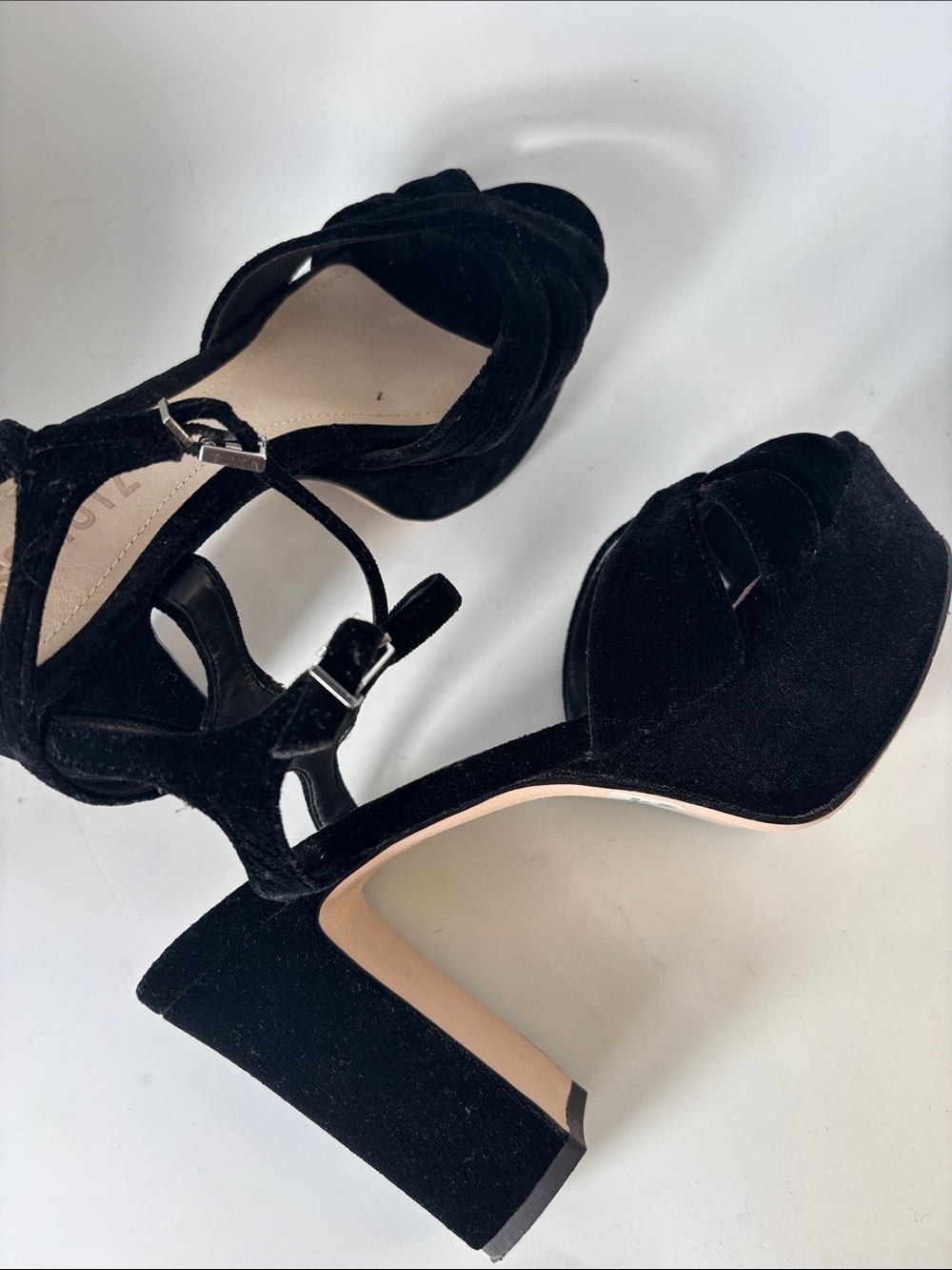 SCHUTZ Keefa Black Velvet Platform Ankle-Strap Heeled Sandals 7.5 - Picture 9 of 10